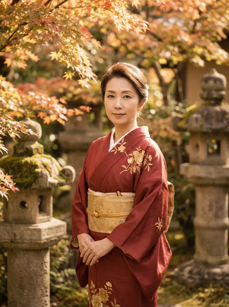 一位身穿暗红色和服的优雅 女神视频-女神高清直播频道|热门美女聚集地 在日式庭院中