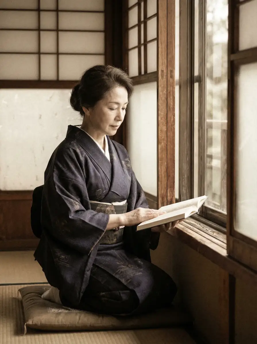 一位优雅的五十岁 女神视频-女神高清直播频道|热门美女聚集地 身穿深蓝色和服，在窗边静读